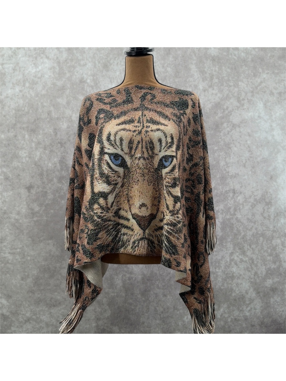 Tiger Face Graphic Leopard Print Metallic Fringe Knit Poncho One Size Vintage